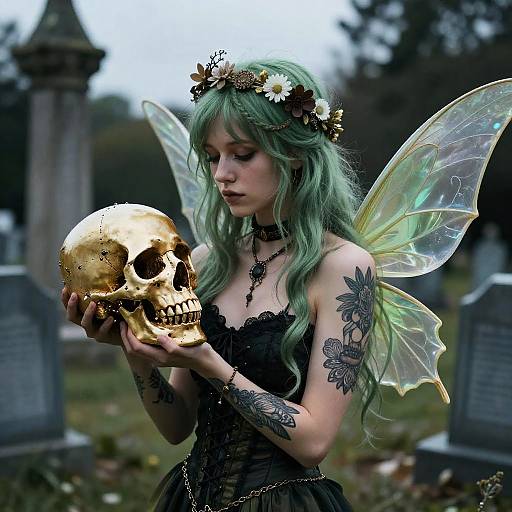Green-Haired Fairy with Golden Skull