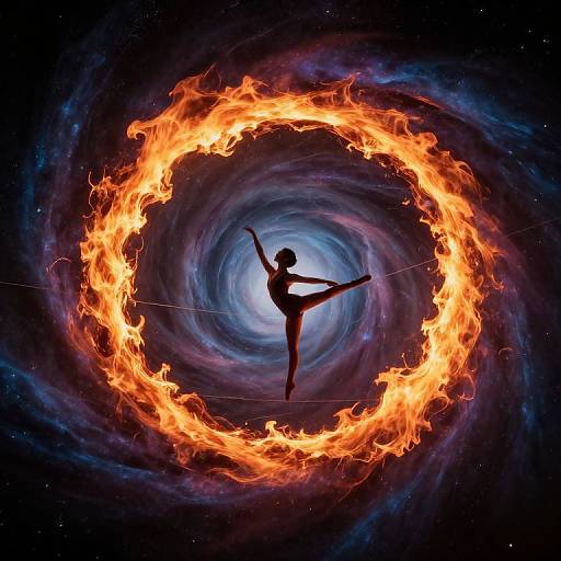 Silhouetted dancer in a high kick, encircled by fiery ring, floating in a swirling cosmic vortex. Digital art.
