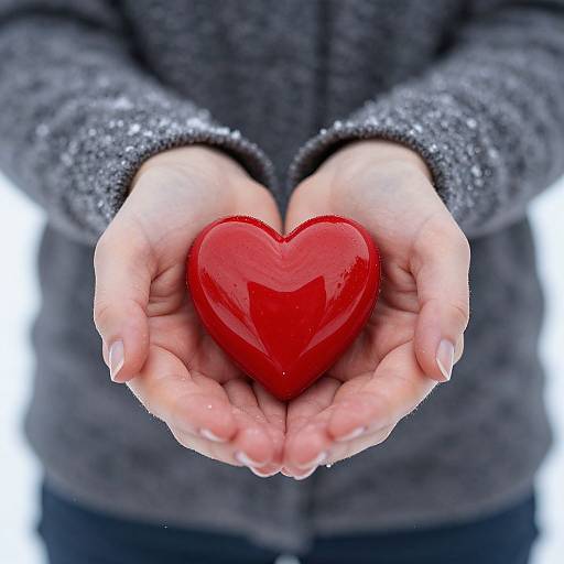 Hands Holding Red Heart in Snow