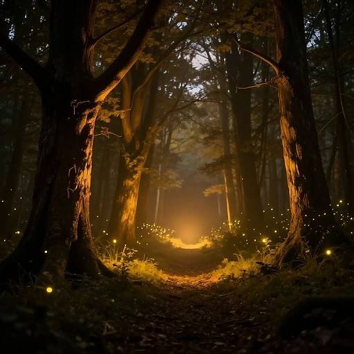 Photograph of a mystical forest path illuminated by glowing fireflies and a warm, orange fire at the center, surrounded by towering, dark trees with lum