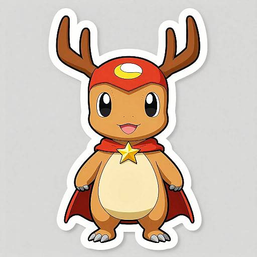 Digital drawing of a cute, orange, antlered Pokémon with a red cap, star-shaped chest, and cape, standing on a white background.
