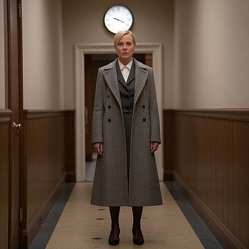 Photograph of a stern-looking blonde woman in a long gray herringbone coat, black dress, white shirt, and black shoes, standing in a