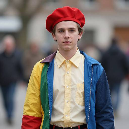 Photograph of a young man with fair skin, wearing a red beret, colorful jacket, yellow shirt, and standing in a blurred urban street.