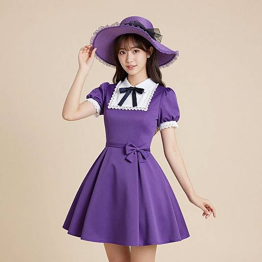 Photograph of an Asian woman in a purple vintage-style dress with white collar, black bow, and matching hat, smiling against a plain beige background.