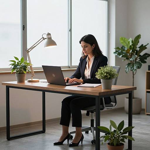 Photograph of a focused woman in a black suit and heels, working on a laptop at a wooden desk with plants and a lamp in a bright,
