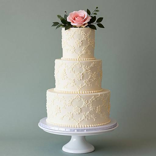 Photograph of a three-tiered white wedding cake with floral sugar decorations, topped with a pink rose and green leaves, on a white pedestal stand against