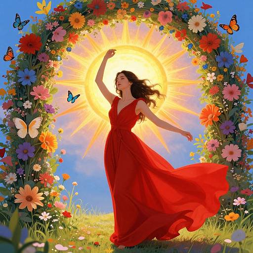 Digital painting of a woman in a flowing red dress, dancing under a radiant sun, surrounded by a colorful floral arch, with butterflies.