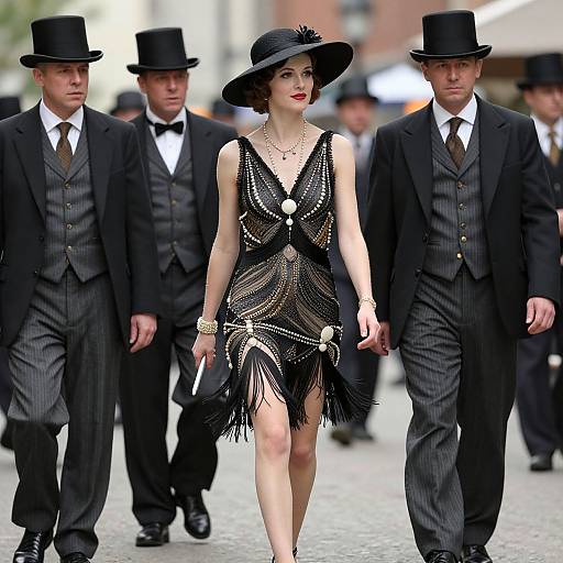 Photograph of a fair-skinned woman in a black, beaded fringe dress and wide-brimmed hat, flanked by four men in black