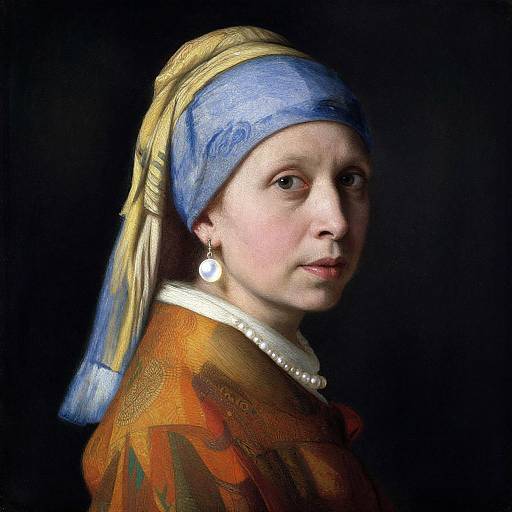 Photorealistic digital portrait of a pale-skinned woman with blue headscarf, yellow and blue headdress, white pearl necklace, and earring
