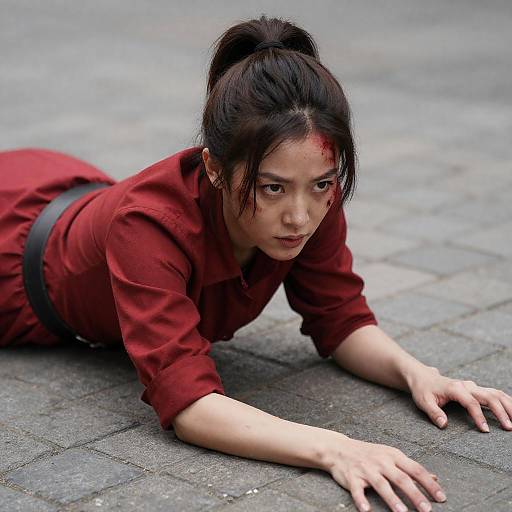 Intense Woman on Cobblestone Ground