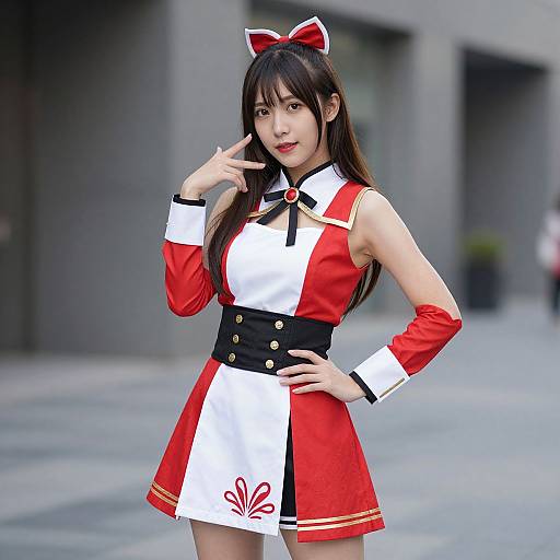 Photograph of an Asian woman in a red and white cosplay outfit with black accents, long black hair, and a red bow, posing outdoors against a