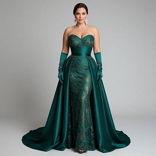 Photograph of a woman in an emerald green, strapless, lace gown with a sweetheart neckline and long gloves, standing against a plain gray background