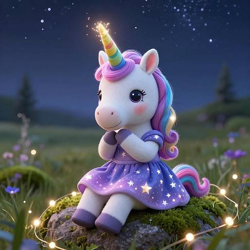 CGI image of a cute, white unicorn with a multicolored mane, wearing a starry purple dress, sitting on a mossy rock at