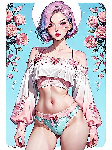 Young Woman in Pastel Lace Crop Top and Panties