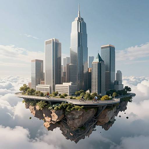 Photorealistic CGI of a floating cityscape with skyscrapers, greenery, and roads, suspended above fluffy clouds on a rocky platform.