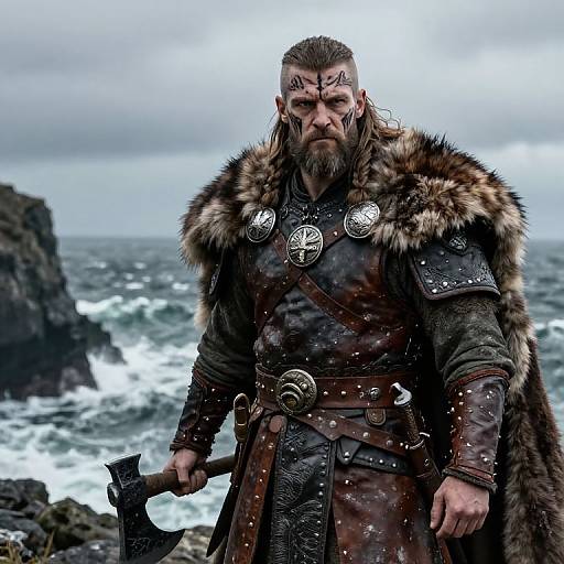 Photograph of a muscular, bearded Viking warrior with fur-trimmed armor, black tattoos, holding an axe, standing by a stormy sea