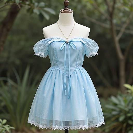 Photograph of a light blue, off-shoulder, lace-trimmed, tulle dress on a white mannequin, set against a