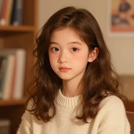 Photograph of a young Asian girl with long, wavy brown hair, wearing a white knit sweater, looking directly at the camera in a warmly lit