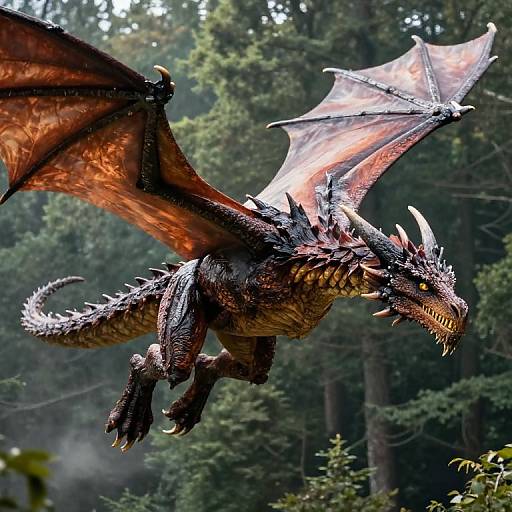 Photograph of a fierce, dark red dragon with large, membranous wings, sharp claws, and horns, soaring through a dense, misty
