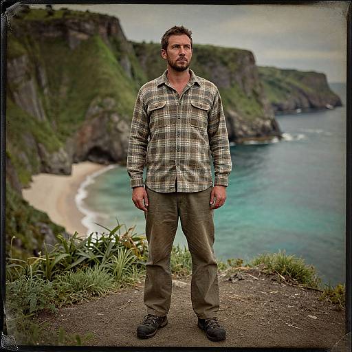 Photograph of a bearded man in a plaid shirt and brown pants standing on a cliff overlooking a sandy beach and turquoise ocean, with rugged cliffs
