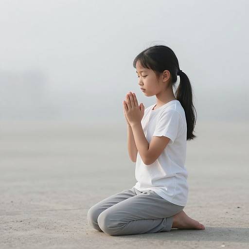 Photograph of an Asian girl with black pigtails, wearing a white t-shirt and gray pants, kneeling and praying with hands together on a concrete