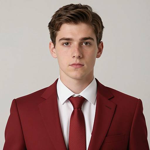 Photograph of a young white man with short brown hair, wearing a maroon suit, white shirt, and matching maroon tie, against a plain