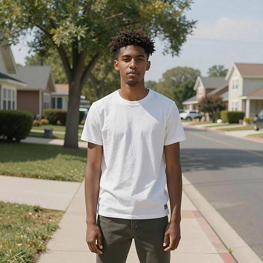 Young man standing in suburban neighborhood