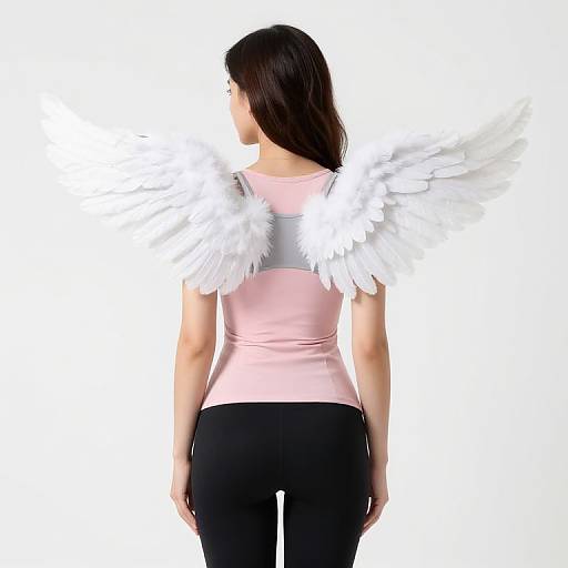 Photograph of a woman with long black hair, pink shirt, black pants, and white angel wings, facing away, against a white background.