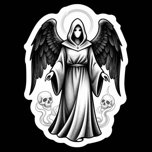 Black-and-white digital illustration of a hooded angel with dark wings, standing between two skulls, against a white circular background.