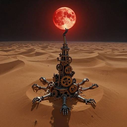 Digital artwork of a clockwork robot with six arms, standing in a desert under a glowing red full moon.
