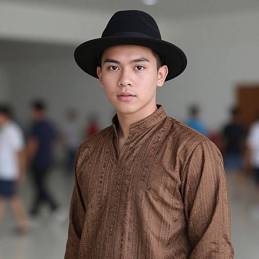 Photograph of an Asian man with light skin, wearing a black wide-brimmed hat and brown textured shirt, standing indoors with a blurred background.