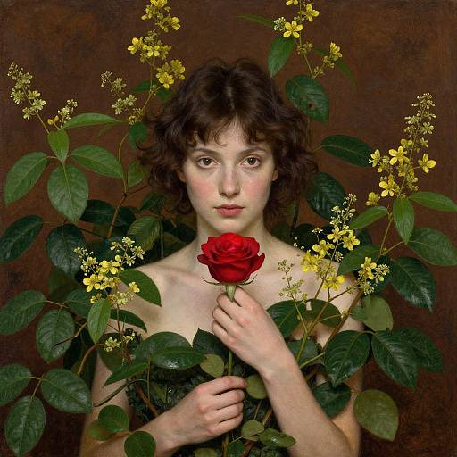 Photorealistic painting of a young woman with curly brown hair holding a red rose, surrounded by yellow flowers and green leaves against a dark brown background.
