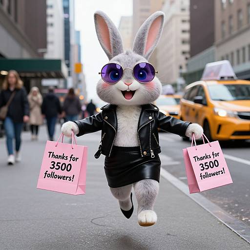 Photograph of a white rabbit costume with purple sunglasses, black leather jacket, and skirt, holding two pink 