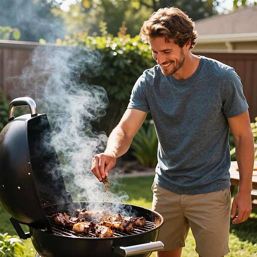 Man Grilling Meat in Backyard