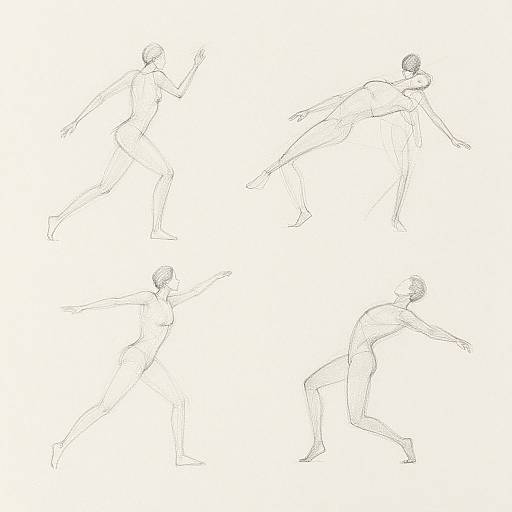 Black-and-white line drawing of four dynamic human poses: running, leaping, lunging, and reaching. Sketches show fluid, athletic movement.