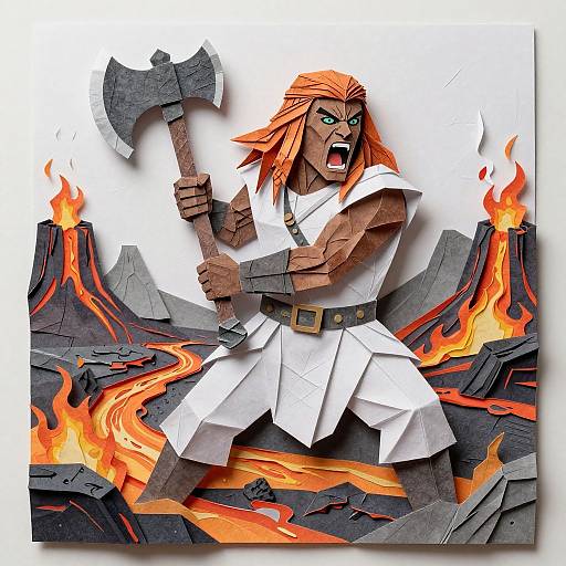 Digital illustration of a fierce, red-haired warrior with an axe, white toga, and belt, standing amidst erupting lava and flames.