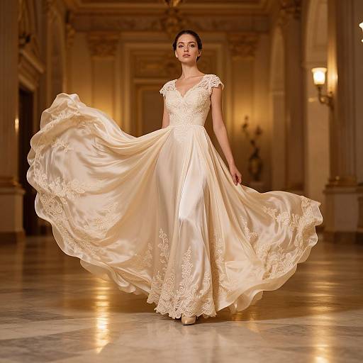 Photograph of a fair-skinned woman with dark hair in an elegant, flowing ivory satin wedding dress with lace details, walking gracefully in a grand,