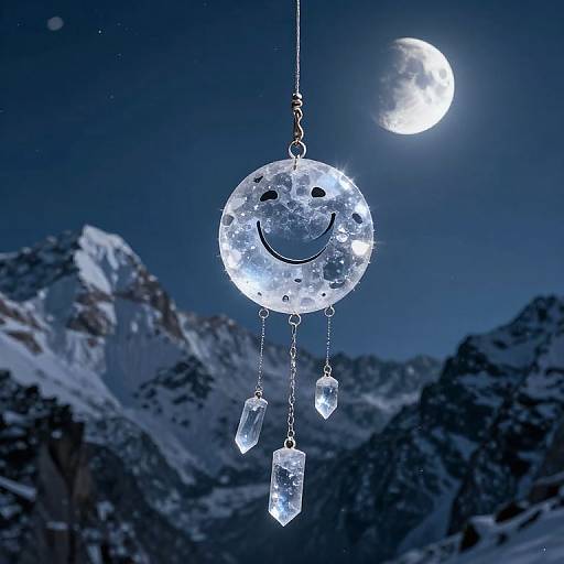 Photograph of a moon-shaped, crystal dreamcatcher with a smiling face and dangling crystals, hanging against a night sky with a crescent moon and