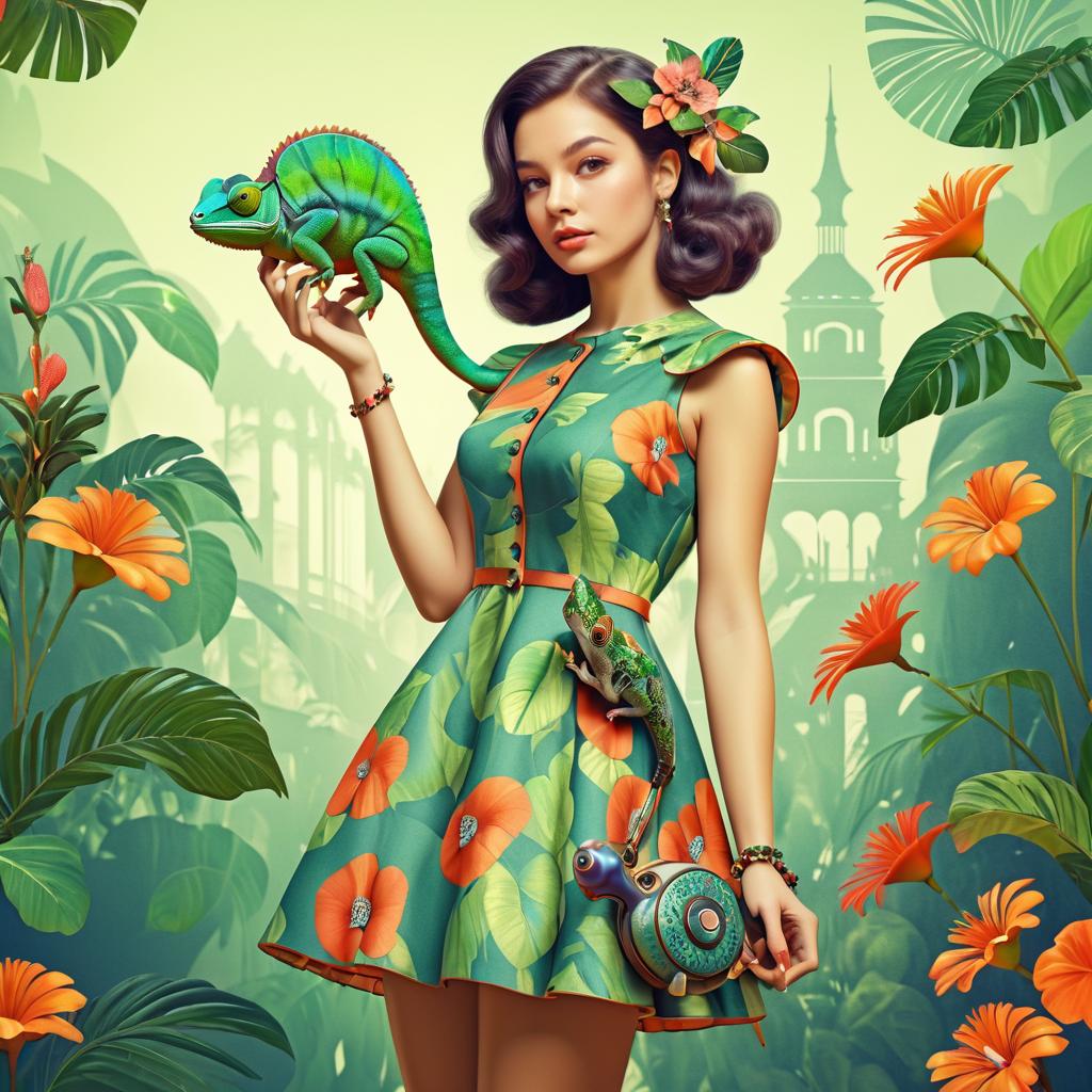 Charming Young Woman with Pet Chameleon