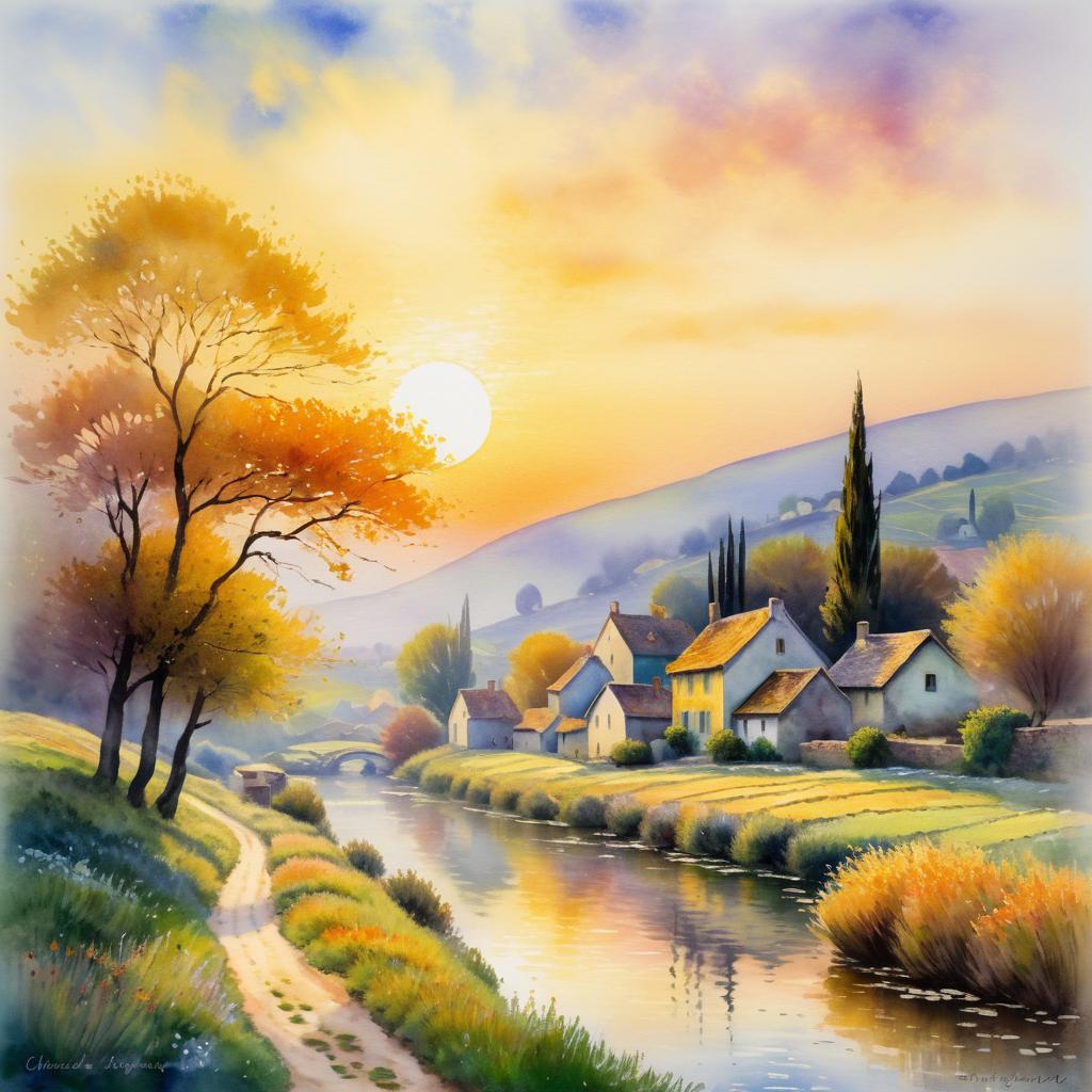 Serene Village at Sunrise in Monet Style