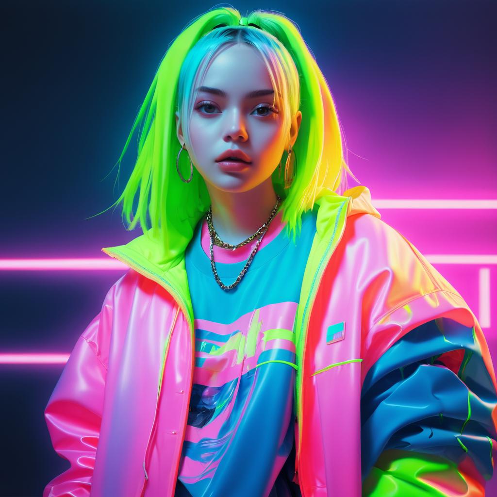 Billie Eilish in Neon Streetwear Portrait