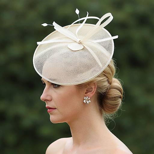 Photograph of a fair-skinned woman with blonde hair in an elegant updo, wearing a white mesh fascinator hat and daisy earrings, set