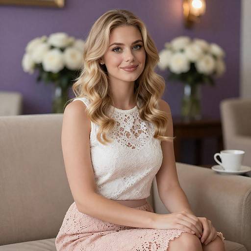 Blonde Woman in Lace Outfit at Home