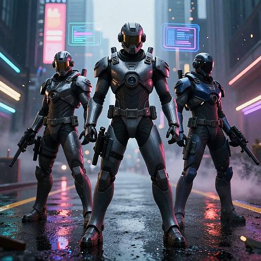 Digital CGI image of three futuristic, armored soldiers with glowing visors standing in a neon-lit, rainy urban street, holding guns.