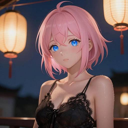 Anime Woman with Pink Hair and Blue Eyes at Night