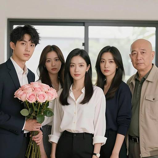 Group of Asian Adults with Pink Roses Indoors