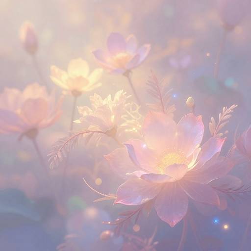 Dreamy photograph of glowing, pink-tinged flowers bathed in soft sunlight, with bokeh effects and pastel hues creating a magical, eth