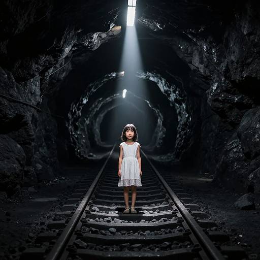 Photograph of a young girl in a white dress standing alone on dark, narrow train tracks in a dimly lit, cavernous tunnel with a single