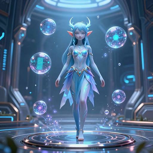 Digital artwork of a blue-skinned, horned, elven woman with long hair and glowing eyes, wearing a metallic, light blue dress, surrounded