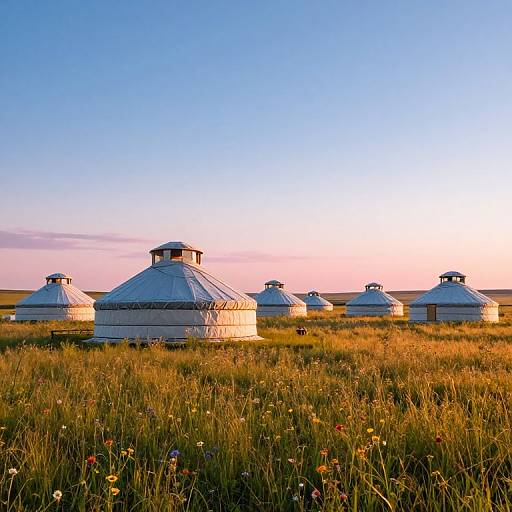 Hyper-Realistic Yurt Village at Dawn